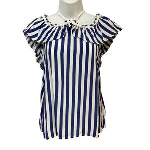 Anthropologie Lark Striped Ruffle Neck Halter Blouse Navy White Petite XSP NEW